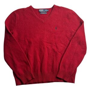 Polo Ralph Lauren 100% Lambswool VNeck Sweater Mens XL Red Pullover Classic Knit